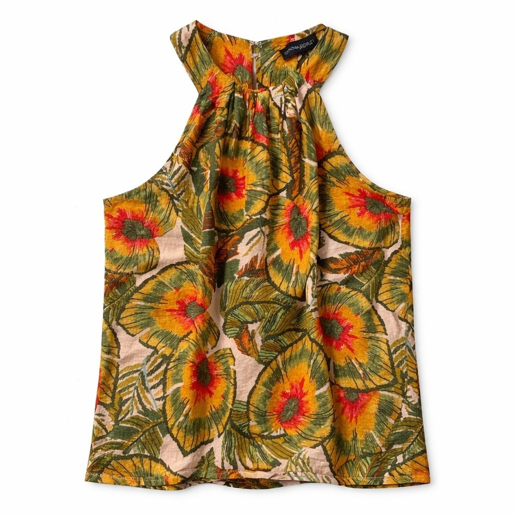 Cynthia Rowley XS Floral Halter Top Linen Tropical Summer Eclectic Peacock‎